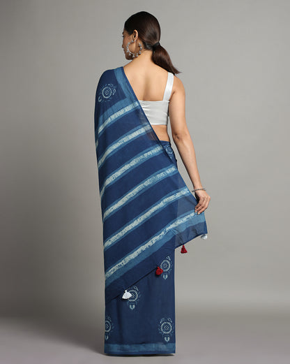 Natural Indigo Dyed Dabu Hand Block Printed Cotton Saree