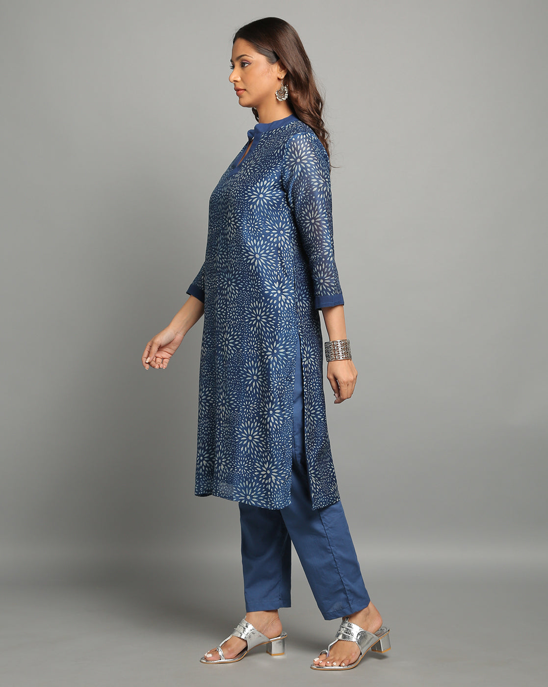 Indigo Dyed Dabu Printed Chanderi Sunflower Long Kurta