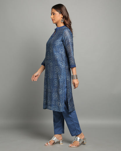 Indigo Dyed Dabu Printed Chanderi Sunflower Long Kurta