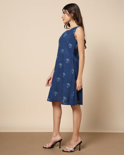 Natural Indigo Dyed Dabu Hand Block Print Short Dress