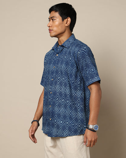 Men's Dabu Printed Indigo Dyed Shirt