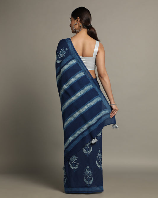 Natural Indigo Dyed Dabu Hand Block Printed Cotton Saree