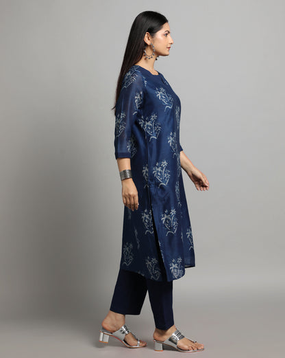 Indigo Dyed Dabu Printed Sakshi Butta Chanderi Silk Kurta