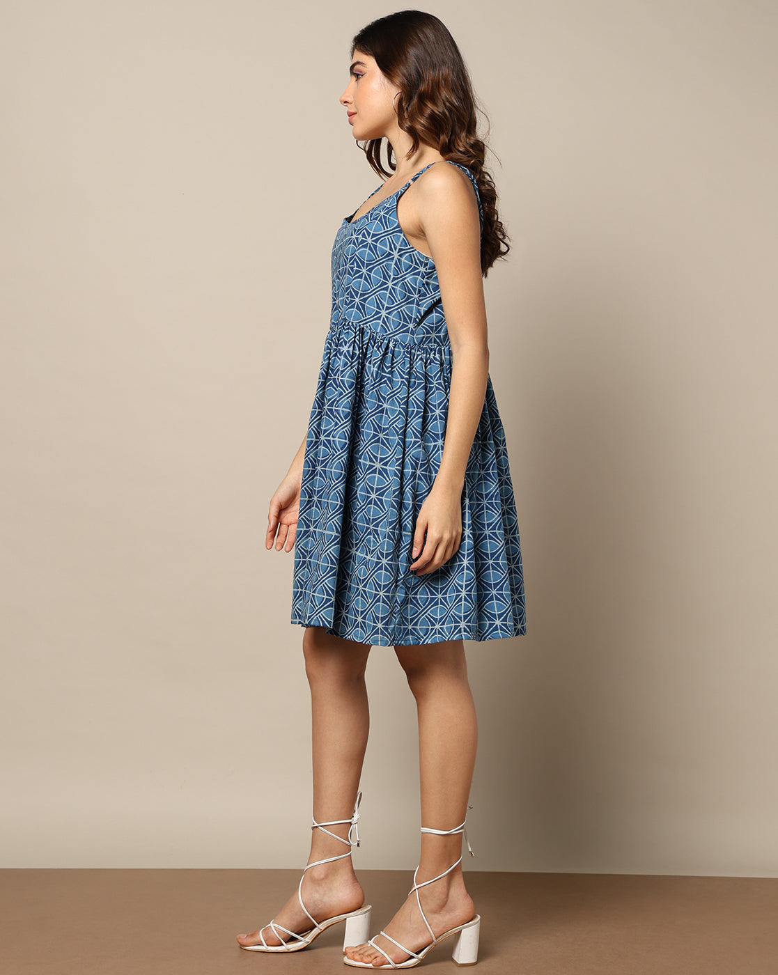 Natural Indigo Dyed Dabu Printed Spaghetti Dress