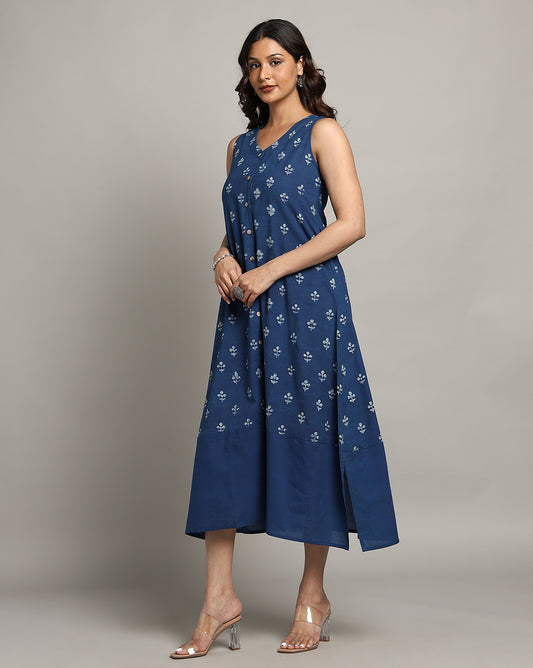 Indigo Dyed Dabu Printed Sleeveless Dress