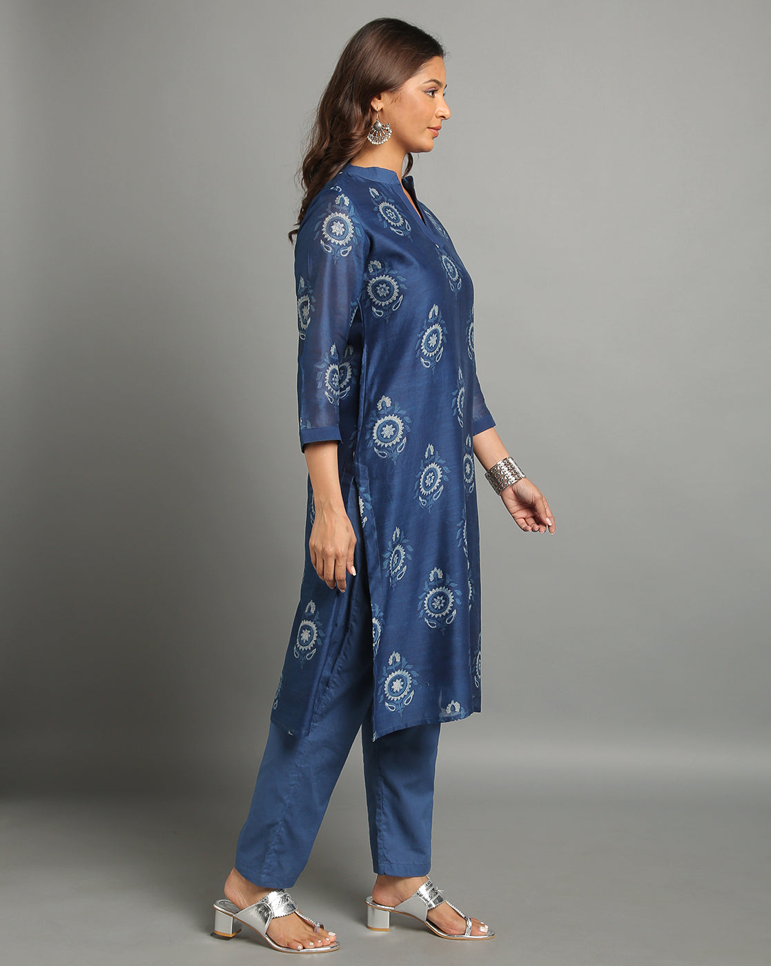 Indigo Dyed Dabu Printed Butta Chanderi Long Kurta