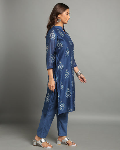 Indigo Dyed Dabu Printed Butta Chanderi Long Kurta