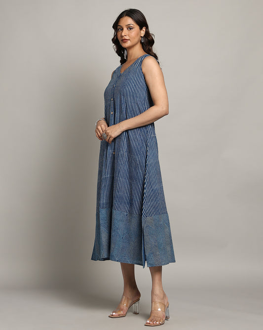 Indigo Dyed Dabu Printed Sleeveless Dress