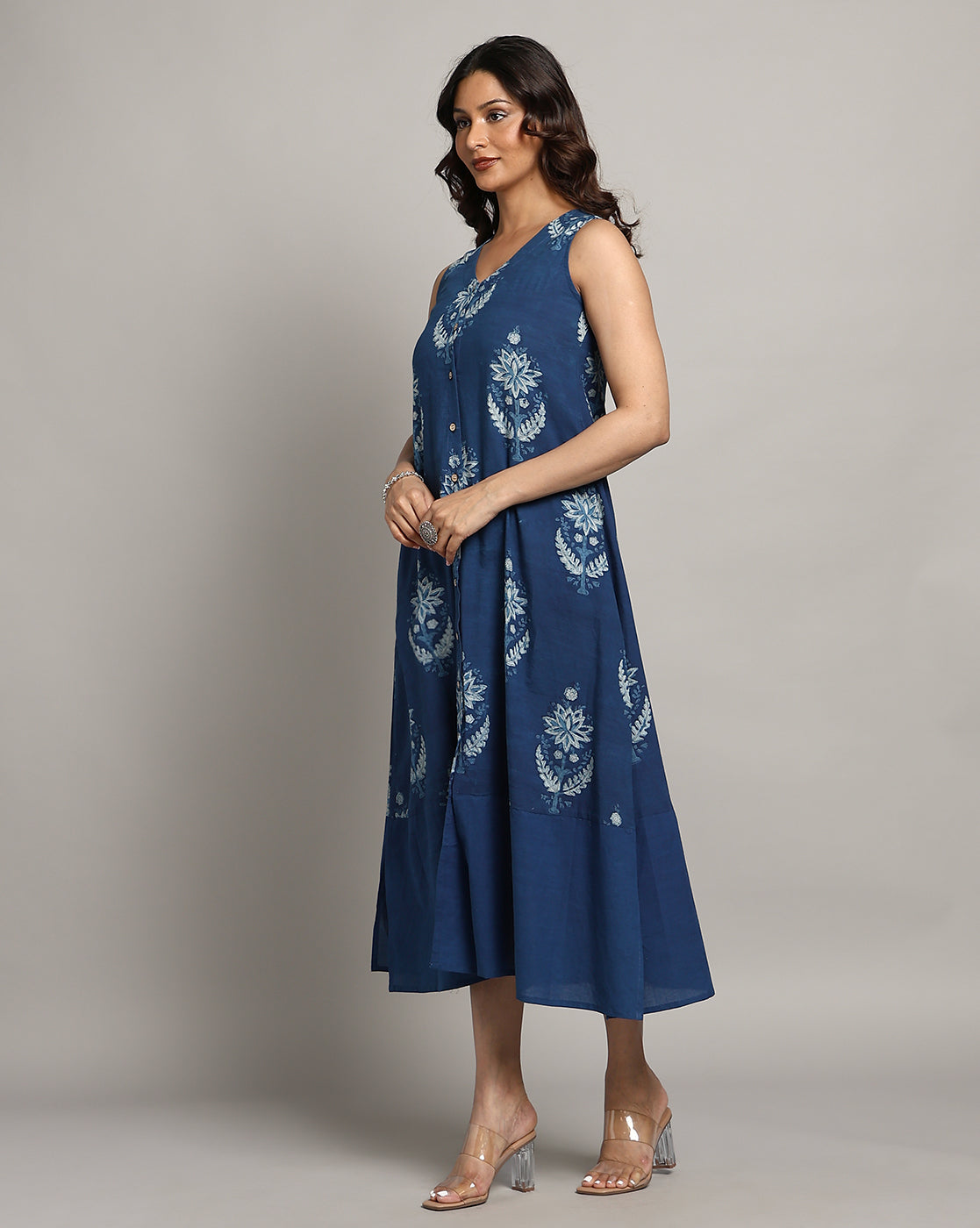 Indigo Dyed Dabu Printed Sleeveless Dress