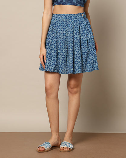 Natural Indigo Dyed Dabu Hand Block Printed Short Skirt