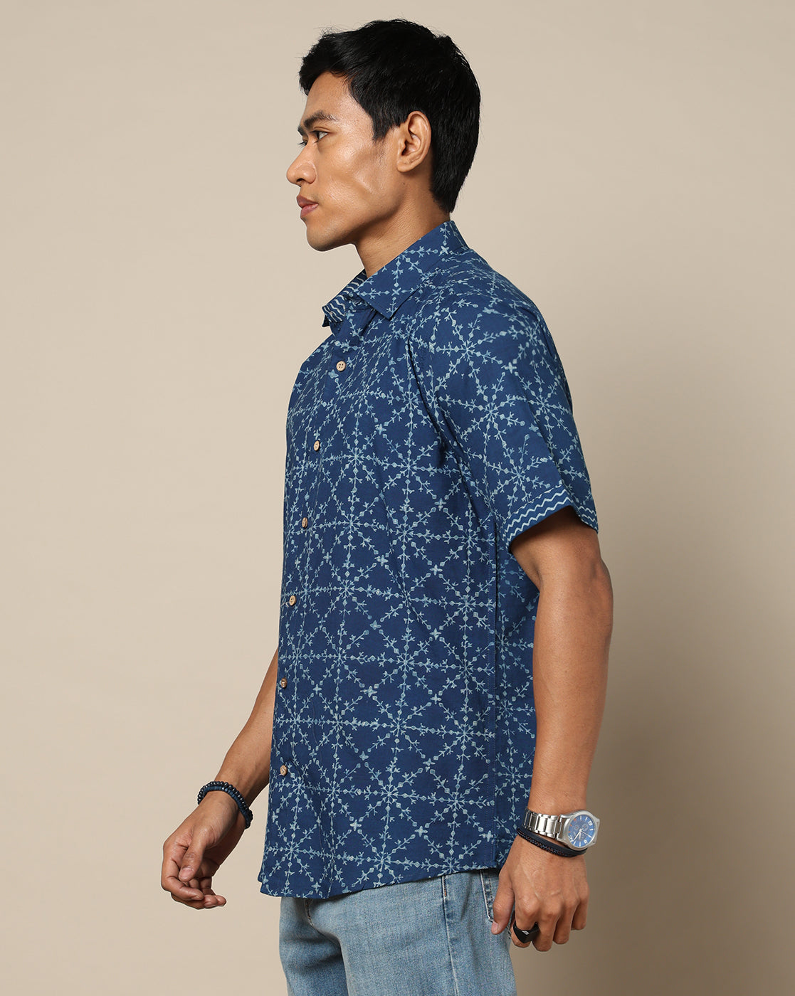 Men's Dabu Printed Indigo Dyed Shirt