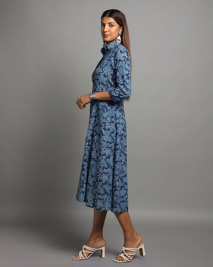 Indigo Dyed Dabu Printed Gad Flower Long Dress