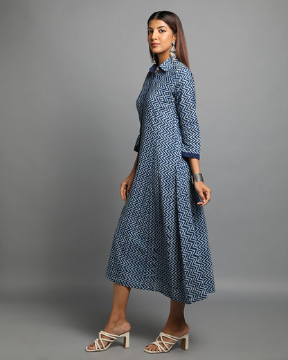Indigo Dyed Dabu Printed Zig Zag Long Dress