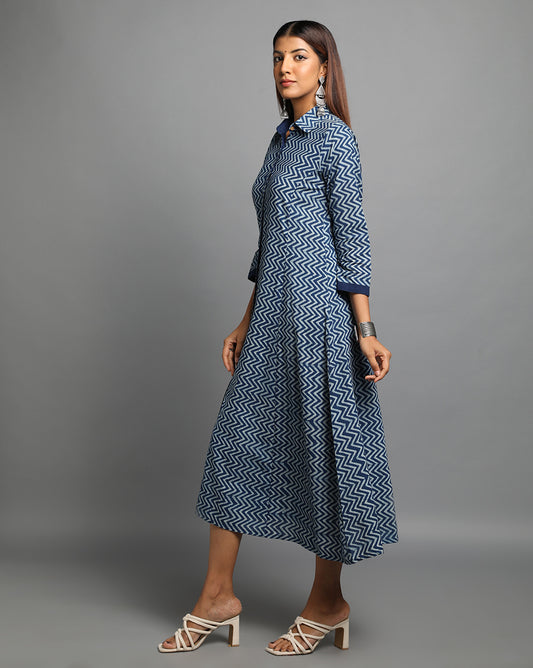 Indigo Dyed Dabu Printed Zig Zag Long Dress