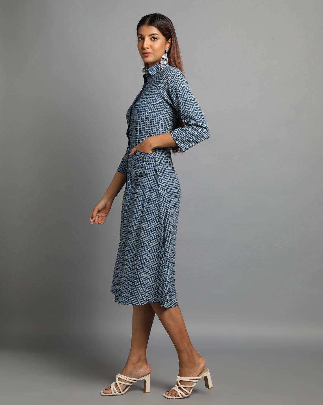 Indigo Dyed Dabu Printed Chex Long Dress