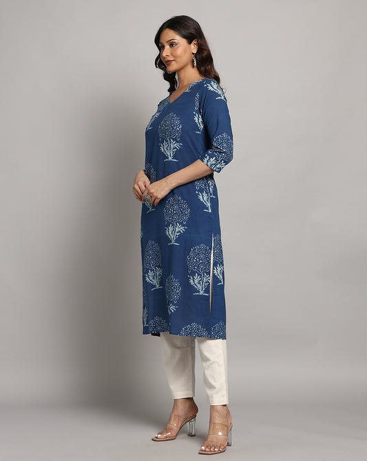 Indigo Dyed Dabu Printed Cotton Long Kurta