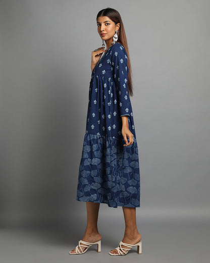 Indigo Dyed Dabu Printed Flower Zaal Angrakha Dress