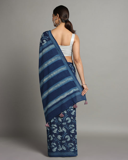 Natural Indigo Dyed Dabu Hand Block Printed Cotton Saree