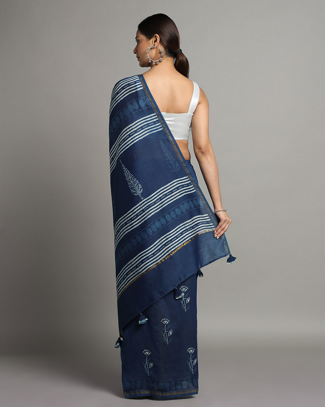 Natural Indigo Dyed Dabu Hand Block Printed Chanderi Saree