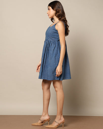 Natural Indigo Dyed Dabu Hand Block Print Spaghetti Dress