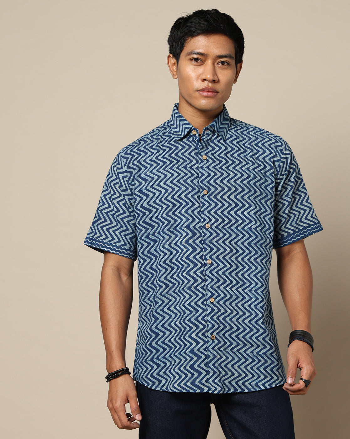 Men's Dabu Printed Indigo Dyed Shirt