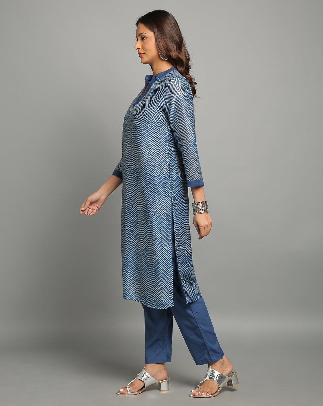 Indigo Dyed Dabu Printed Chanderi Lehar Long Kurta