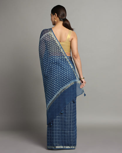 Natural Indigo Dyed Dabu Hand Block Printed Kota Doriya Saree