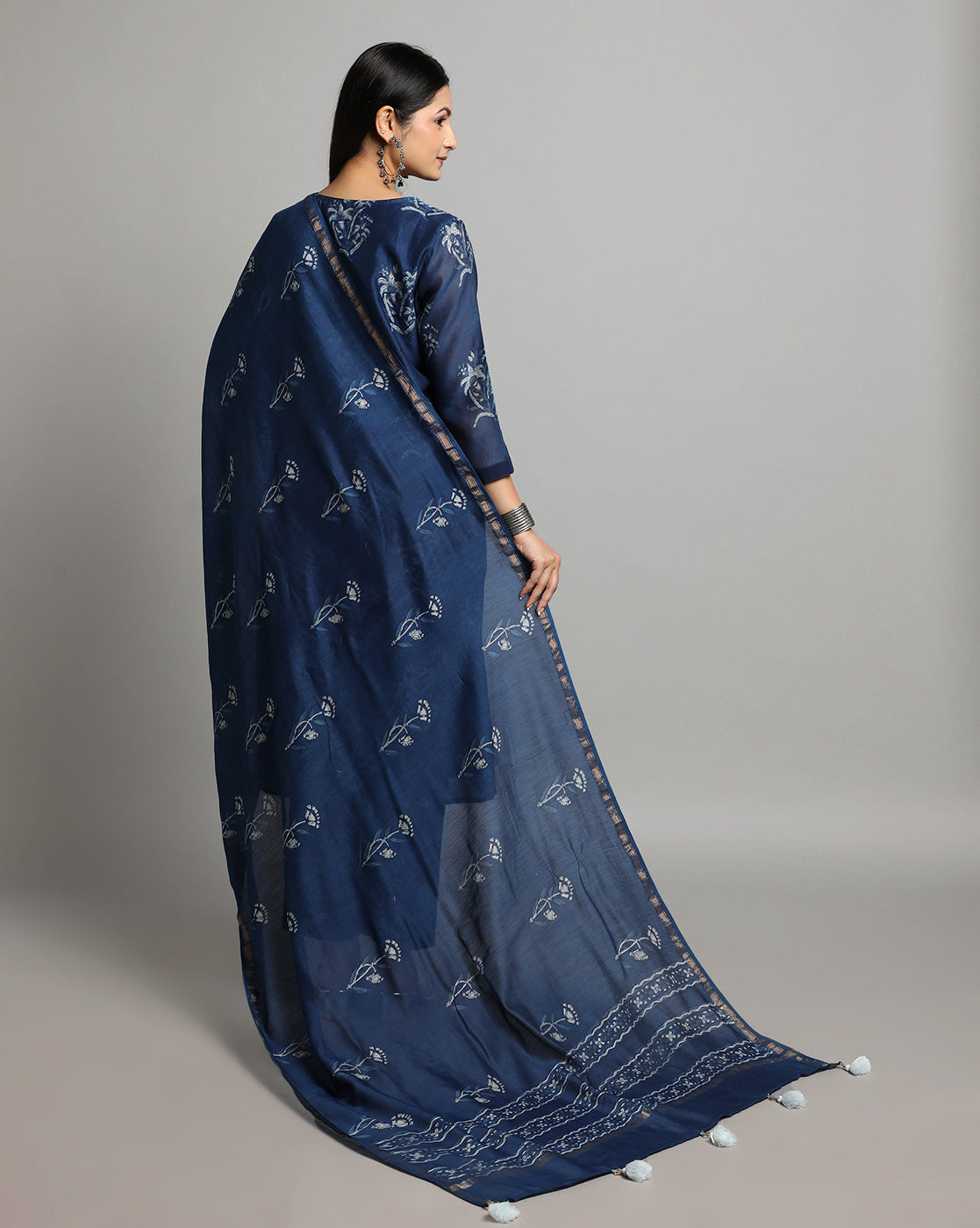 Indigo Dyed Dabu Hand Block Printed Chanderi Silk Duppatta