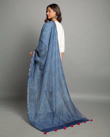 Indigo Dyed Dabu Hand Block Printed Chanderi Silk Duppatta