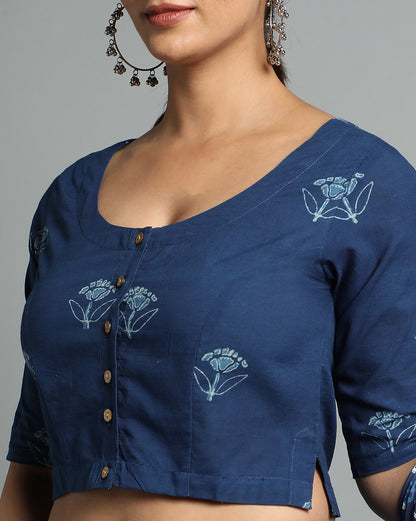 Indigo Dyed Dabu Printed Full Sleeve Blouse