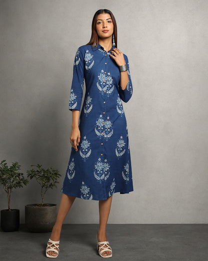 Indigo Dyed Dabu Printed Bada Butta Long Dress