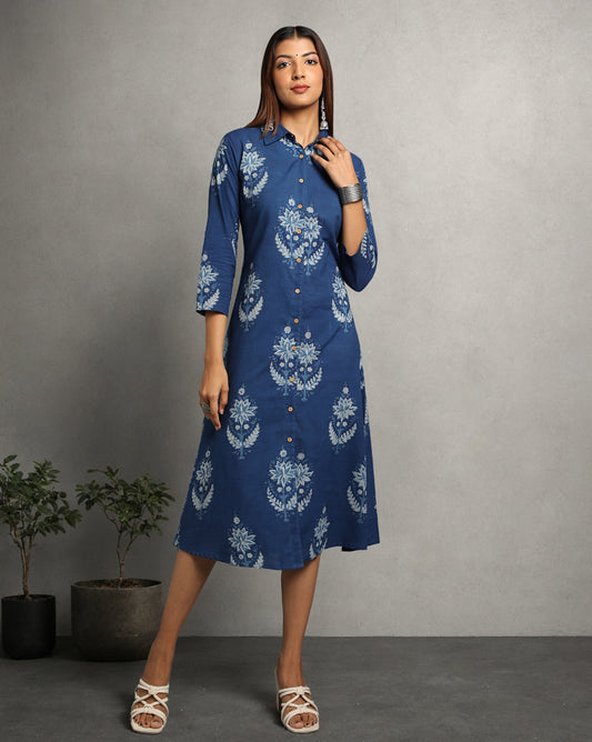 Indigo Dyed Dabu Printed Bada Butta Long Dress