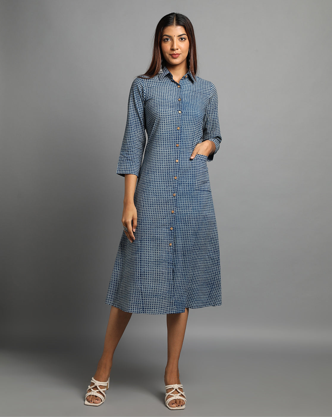 Indigo Dyed Dabu Printed Chex Long Dress