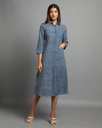 Indigo Dyed Dabu Printed Chex Long Dress
