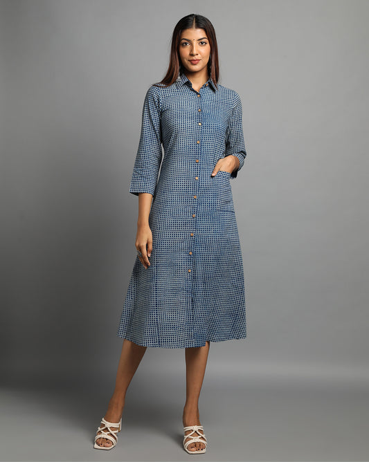 Indigo Dyed Dabu Printed Chex Long Dress