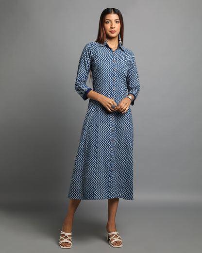 Indigo Dyed Dabu Printed Zig Zag Long Dress