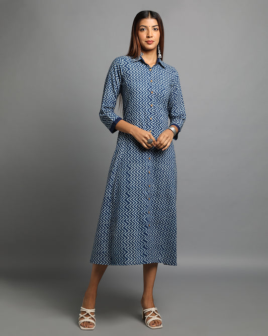 Indigo Dyed Dabu Printed Zig Zag Long Dress