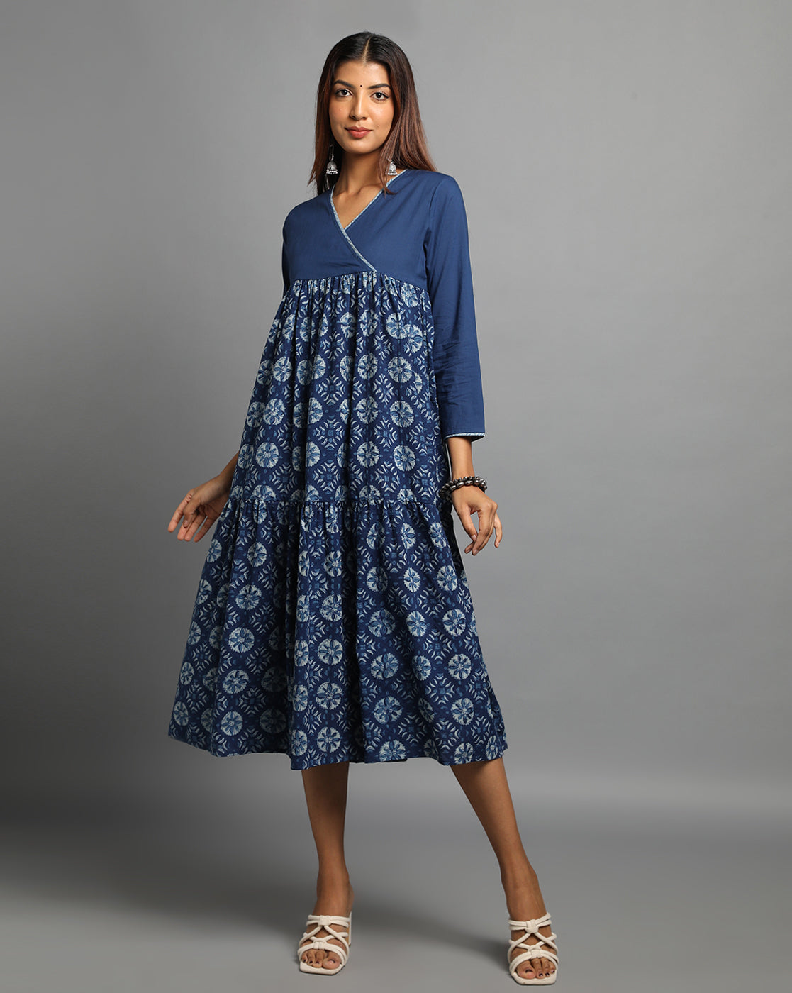 Indigo Dyed Dabu Printed Flower Zaal Angrakha Dress