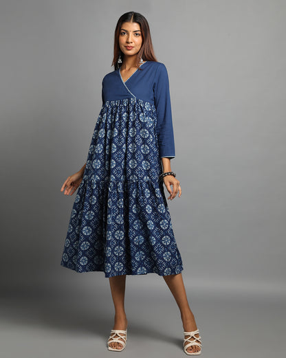 Indigo Dyed Dabu Printed Flower Zaal Angrakha Dress