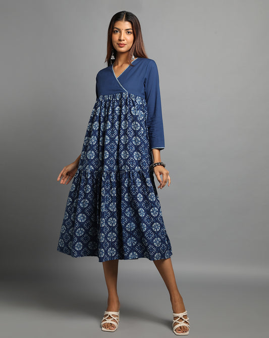 Indigo Dyed Dabu Printed Flower Zaal Angrakha Dress