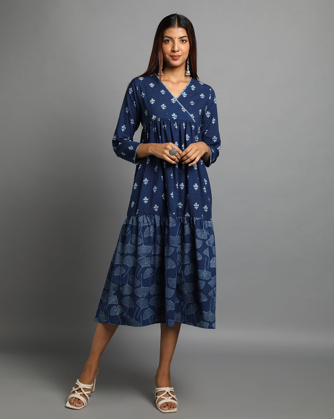 Indigo Dyed Dabu Printed Flower Zaal Angrakha Dress