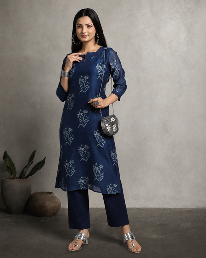 Indigo Dyed Dabu Printed Sakshi Butta Chanderi Silk Kurta