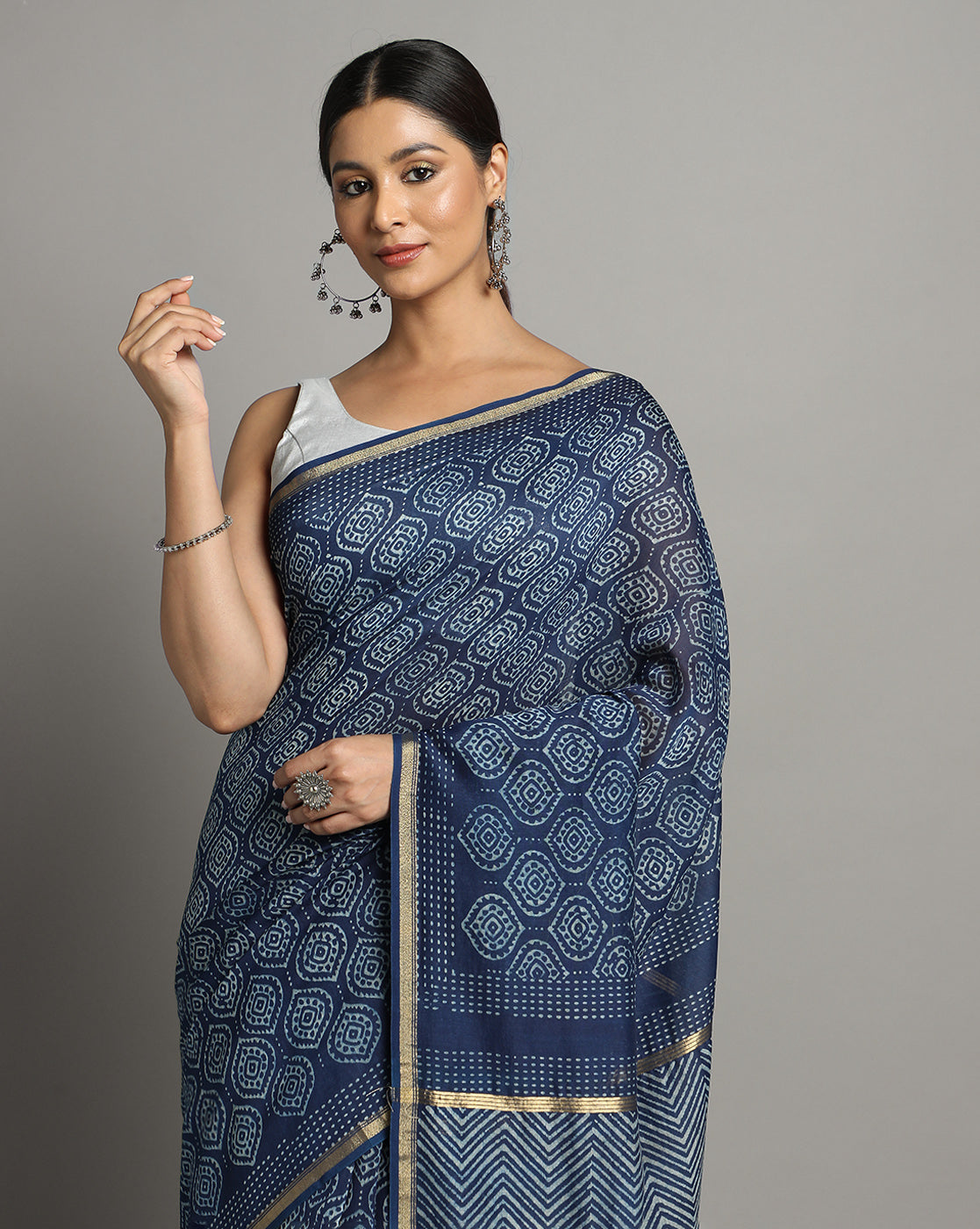 Natural Indigo Dyed Dabu Hand Block Printed Chanderi Saree
