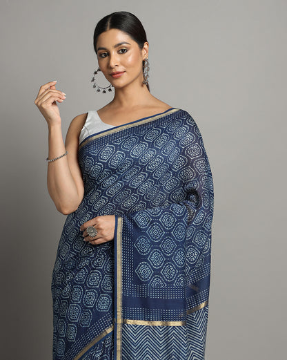 Natural Indigo Dyed Dabu Hand Block Printed Chanderi Saree