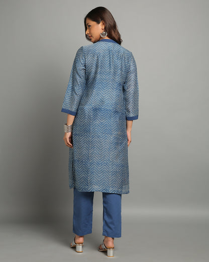 Indigo Dyed Dabu Printed Chanderi Lehar Long Kurta