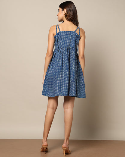 Natural Indigo Dyed Dabu Hand Block Print Spaghetti Dress