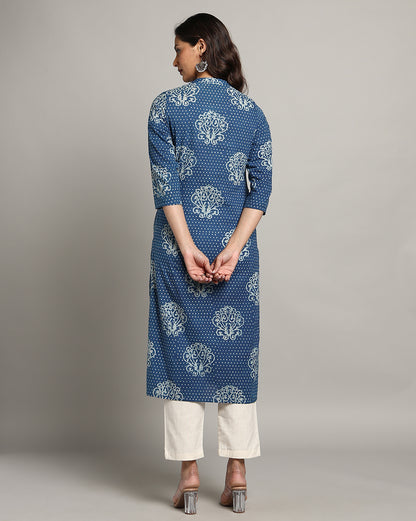 Indigo Dyed Dabu Printed Cotton Long Kurta