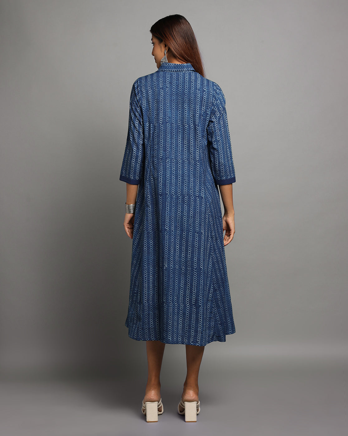 Indigo Dyed Dabu Printed Chain Long Dress