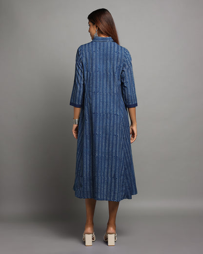 Indigo Dyed Dabu Printed Chain Long Dress