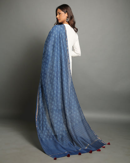 Indigo Dyed Dabu Hand Block Printed Chanderi Silk Duppatta